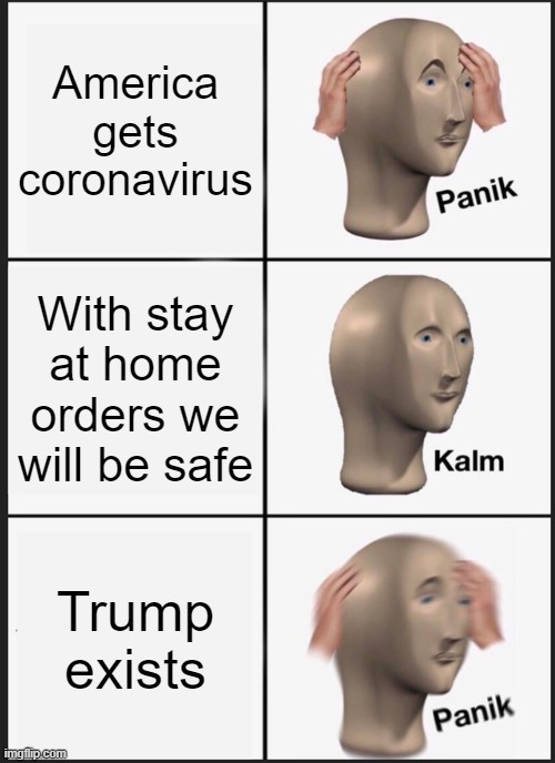 Panik Kalm Panik | America gets coronavirus; With stay at home orders we will be safe; Trump exists | image tagged in memes,panik kalm panik,me,coronavirus,covid-19,trump | made w/ Imgflip meme maker