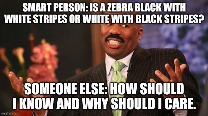 Steve Harvey | SMART PERSON: IS A ZEBRA BLACK WITH WHITE STRIPES OR WHITE WITH BLACK STRIPES? SOMEONE ELSE: HOW SHOULD I KNOW AND WHY SHOULD I CARE. | image tagged in memes,steve harvey | made w/ Imgflip meme maker