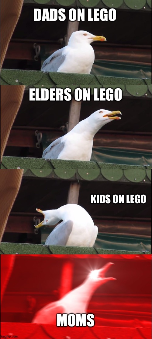 Inhaling Seagull | DADS ON LEGO; ELDERS ON LEGO; KIDS ON LEGO; MOMS | image tagged in memes,inhaling seagull | made w/ Imgflip meme maker