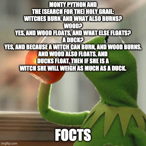 focts | MONTY PYTHON AND THE (SEARCH FOR THE) HOLY GRAIL:
WITCHES BURN, AND WHAT ALSO BURNS?
WOOD?
YES, AND WOOD FLOATS, AND WHAT ELSE FLOATS?
A DUCK?
YES, AND BECAUSE A WITCH CAN BURN, AND WOOD BURNS, AND WOOD ALSO FLOATS, AND DUCKS FLOAT, THEN IF SHE IS A WITCH SHE WILL WEIGH AS MUCH AS A DUCK. FOCTS | image tagged in memes,but that's none of my business,kermit the frog | made w/ Imgflip meme maker