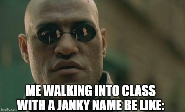 Matrix Morpheus Meme | ME WALKING INTO CLASS WITH A JANKY NAME BE LIKE: | image tagged in memes,matrix morpheus | made w/ Imgflip meme maker