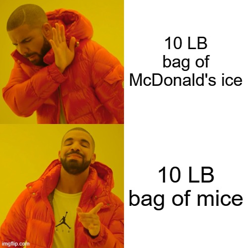 Drake Hotline Bling Meme | 10 LB bag of McDonald's ice 10 LB bag of mice | image tagged in memes,drake hotline bling | made w/ Imgflip meme maker