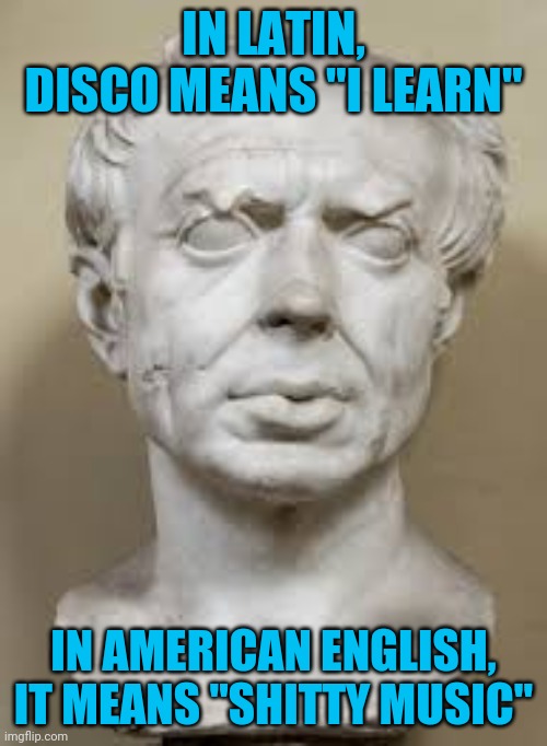 Same word, different meanings | IN LATIN, DISCO MEANS "I LEARN"; IN AMERICAN ENGLISH, IT MEANS "SHITTY MUSIC" | image tagged in latin,disco | made w/ Imgflip meme maker