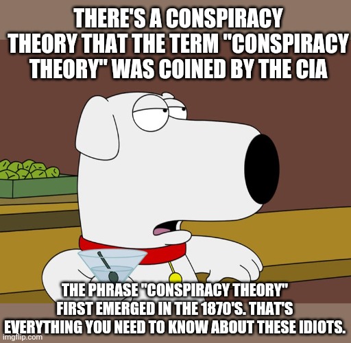 Brian Griffin | THERE'S A CONSPIRACY THEORY THAT THE TERM "CONSPIRACY THEORY" WAS COINED BY THE CIA; THE PHRASE "CONSPIRACY THEORY" FIRST EMERGED IN THE 1870'S. THAT'S EVERYTHING YOU NEED TO KNOW ABOUT THESE IDIOTS. | image tagged in brian griffin | made w/ Imgflip meme maker