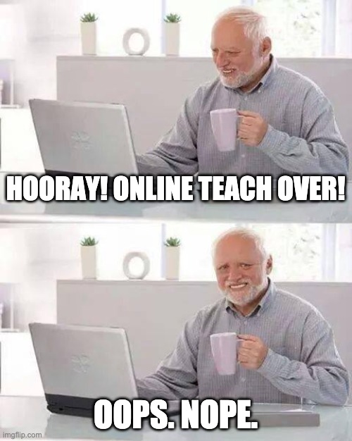 Hooray! Online Teach Over! | HOORAY! ONLINE TEACH OVER! OOPS. NOPE. | image tagged in memes,hide the pain harold | made w/ Imgflip meme maker