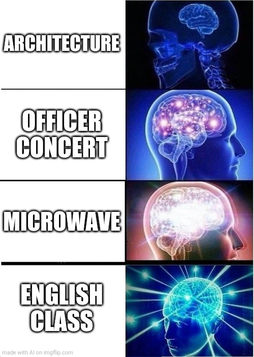 Expanding Brain Meme | ARCHITECTURE; OFFICER CONCERT; MICROWAVE; ENGLISH CLASS | image tagged in memes,expanding brain | made w/ Imgflip meme maker