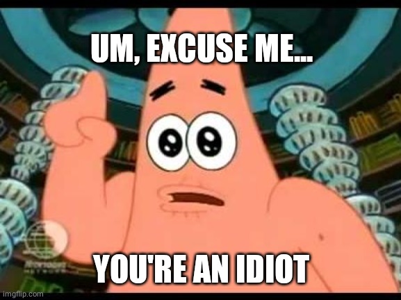 Patrick Says Meme | YOU'RE AN IDIOT UM, EXCUSE ME... | image tagged in memes,patrick says | made w/ Imgflip meme maker