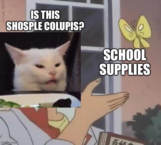 Based off another meme |  IS THIS SHOSPLE COLUPIS? SCHOOL SUPPLIES | image tagged in memes,funny,is this a pigeon,shosple colupis,school supplies,stop reading the tags | made w/ Imgflip meme maker