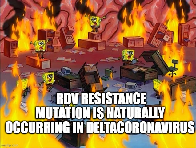 antivirals of covid-19 | RDV RESISTANCE MUTATION IS NATURALLY OCCURRING IN DELTACORONAVIRUS | image tagged in spongebob fire,covid-19,rdv,antiviral | made w/ Imgflip meme maker