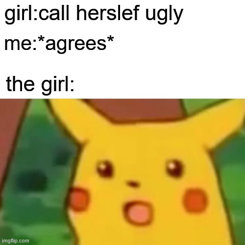 Surprised Pikachu Meme | girl:call herslef ugly; me:*agrees*; the girl: | image tagged in memes,surprised pikachu | made w/ Imgflip meme maker