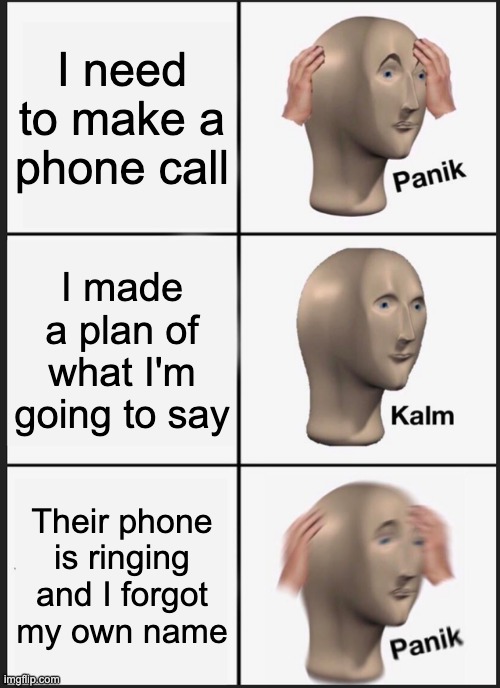 Phone Anxiety | I need to make a phone call; I made a plan of what I'm going to say; Their phone
is ringing
and I forgot my own name | image tagged in memes,panik kalm panik,phone,calling | made w/ Imgflip meme maker