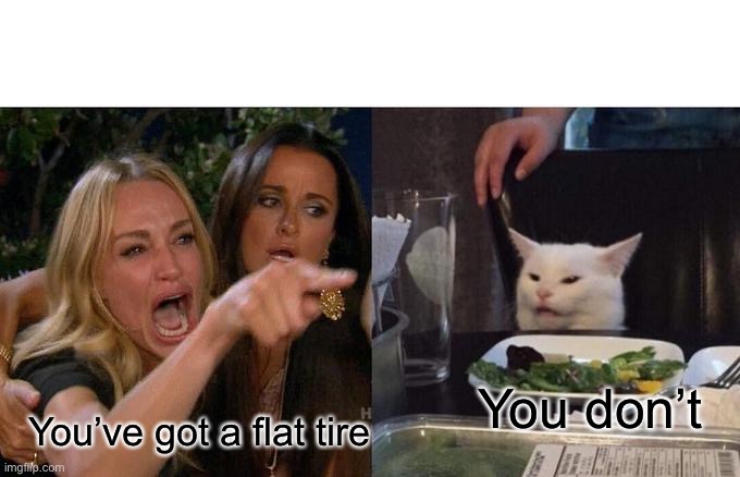 Woman Yelling At Cat Meme | You’ve got a flat tire You don’t | image tagged in memes,woman yelling at cat | made w/ Imgflip meme maker