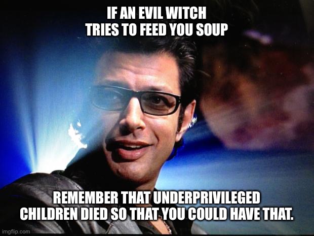 food fir thought | IF AN EVIL WITCH TRIES TO FEED YOU SOUP; REMEMBER THAT UNDERPRIVILEGED CHILDREN DIED SO THAT YOU COULD HAVE THAT. | image tagged in ian malcolm | made w/ Imgflip meme maker