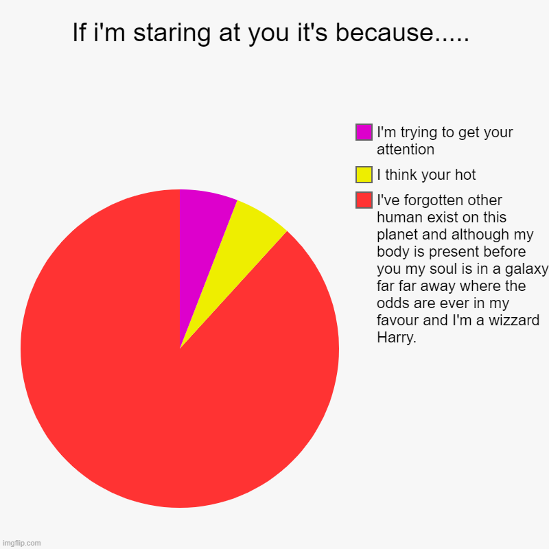 If i'm staring at you it's because..... | I've forgotten other human exist on this planet and although my body is present before you my soul | image tagged in charts,pie charts | made w/ Imgflip chart maker