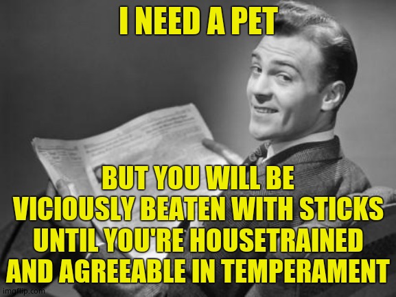50's newspaper | I NEED A PET BUT YOU WILL BE VICIOUSLY BEATEN WITH STICKS UNTIL YOU'RE HOUSETRAINED AND AGREEABLE IN TEMPERAMENT | image tagged in 50's newspaper | made w/ Imgflip meme maker