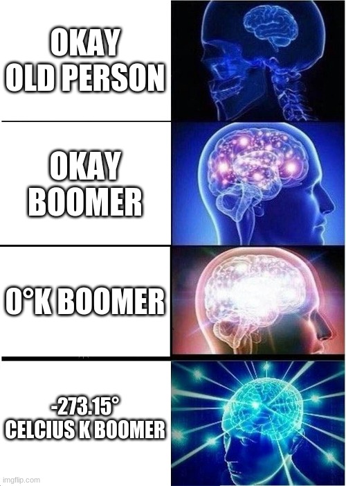 Expanding Brain Meme | OKAY OLD PERSON; OKAY BOOMER; 0°K BOOMER; -273.15° CELCIUS K BOOMER | image tagged in memes,expanding brain | made w/ Imgflip meme maker