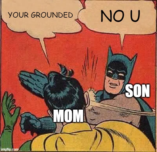 Angry Son | YOUR GROUNDED; NO U; SON; MOM | image tagged in memes,batman slapping robin | made w/ Imgflip meme maker