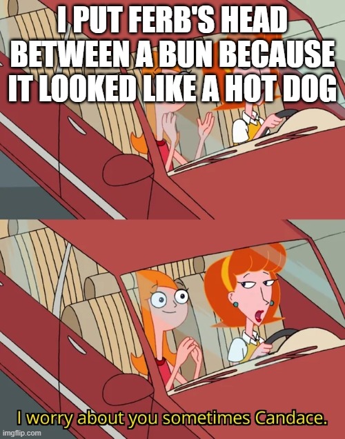 I worry about you sometimes Candace | I PUT FERB'S HEAD BETWEEN A BUN BECAUSE IT LOOKED LIKE A HOT DOG | image tagged in i worry about you sometimes candace | made w/ Imgflip meme maker