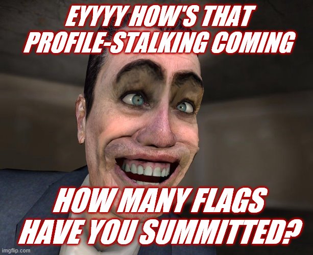 Vagabondsouffle | EYYYY HOW'S THAT PROFILE-STALKING COMING HOW MANY FLAGS HAVE YOU SUMMITTED? | image tagged in vagabondsouffle | made w/ Imgflip meme maker