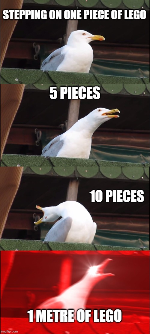 Inhaling Seagull Meme | STEPPING ON ONE PIECE OF LEGO; 5 PIECES; 10 PIECES; 1 METRE OF LEGO | image tagged in memes,inhaling seagull | made w/ Imgflip meme maker