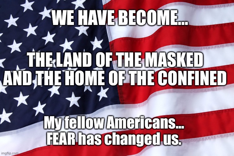 Home of the Masked | WE HAVE BECOME... THE LAND OF THE MASKED AND THE HOME OF THE CONFINED; My fellow Americans...
FEAR has changed us. | image tagged in coronavirus,covid-19,face mask,fear,government,tyranny | made w/ Imgflip meme maker
