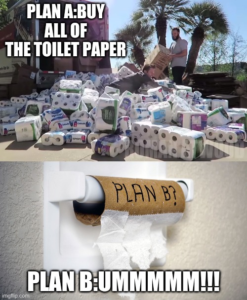 funny | PLAN A:BUY ALL OF THE TOILET PAPER; PLAN B:UMMMMM!!! | image tagged in funny | made w/ Imgflip meme maker