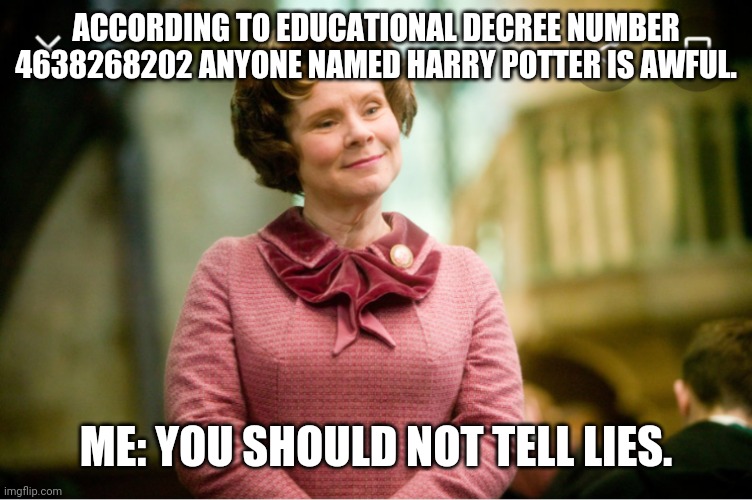Umbridge | ACCORDING TO EDUCATIONAL DECREE NUMBER 4638268202 ANYONE NAMED HARRY POTTER IS AWFUL. ME: YOU SHOULD NOT TELL LIES. | image tagged in harry potter meme,harry potter,dolores umbridge,umbridge | made w/ Imgflip meme maker