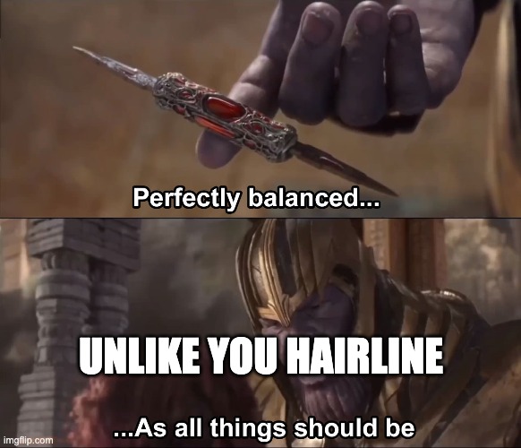 Thanos perfectly balanced as all things should be | UNLIKE YOU HAIRLINE | image tagged in thanos perfectly balanced as all things should be | made w/ Imgflip meme maker