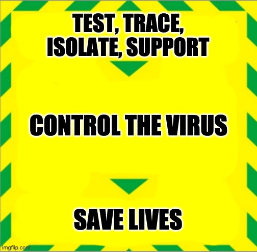 Stay Alert > Control the Virus > Save Lives | TEST, TRACE, ISOLATE, SUPPORT; CONTROL THE VIRUS; SAVE LIVES | image tagged in stay alert  control the virus  save lives | made w/ Imgflip meme maker