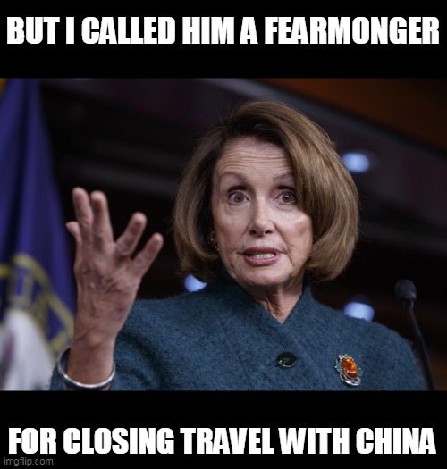 Good old Nancy Pelosi | BUT I CALLED HIM A FEARMONGER FOR CLOSING TRAVEL WITH CHINA | image tagged in good old nancy pelosi | made w/ Imgflip meme maker