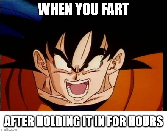 Crosseyed Goku | WHEN YOU FART; AFTER HOLDING IT IN FOR HOURS | image tagged in memes,crosseyed goku | made w/ Imgflip meme maker