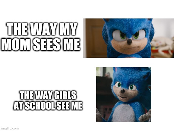 Mom meme | THE WAY MY MOM SEES ME; THE WAY GIRLS AT SCHOOL SEE ME | image tagged in blank white template,sonic,mom meme | made w/ Imgflip meme maker