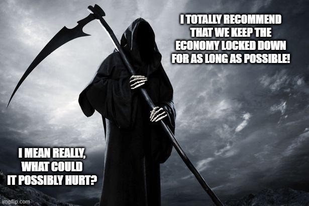 Grim Reaper , Memes, funny | I TOTALLY RECOMMEND THAT WE KEEP THE ECONOMY LOCKED DOWN FOR AS LONG AS POSSIBLE! I MEAN REALLY,
WHAT COULD IT POSSIBLY HURT? | image tagged in grim reaper  memes funny | made w/ Imgflip meme maker