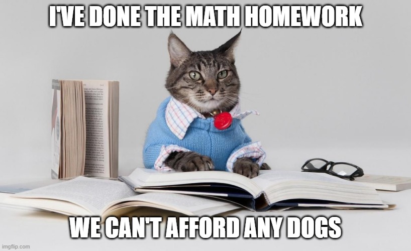 Cats: "No Dogs!" | I'VE DONE THE MATH HOMEWORK; WE CAN'T AFFORD ANY DOGS | image tagged in smart cat,dogs,cats,funny,homework | made w/ Imgflip meme maker