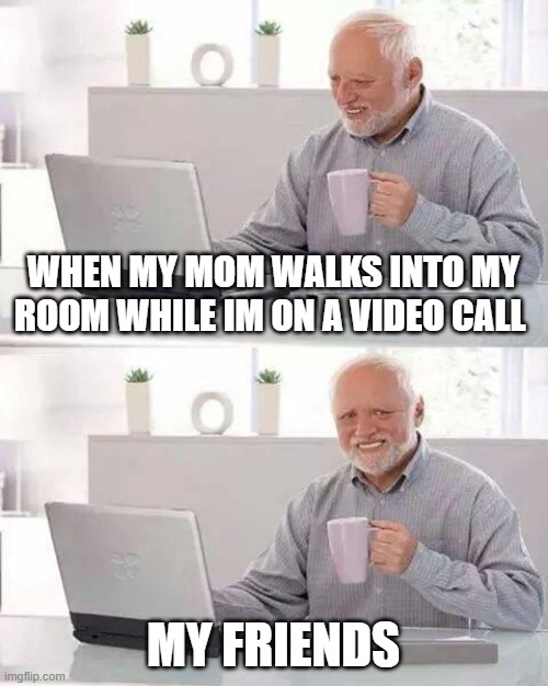why mom | WHEN MY MOM WALKS INTO MY ROOM WHILE IM ON A VIDEO CALL; MY FRIENDS | image tagged in memes,hide the pain harold | made w/ Imgflip meme maker