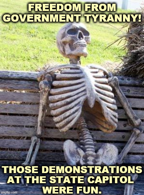 You can't take your AK-47 with you. Your Second Amendment rights expire when you do. | FREEDOM FROM GOVERNMENT TYRANNY! THOSE DEMONSTRATIONS AT THE STATE CAPITOL 
WERE FUN. | image tagged in memes,waiting skeleton,coronavirus,covid-19 | made w/ Imgflip meme maker