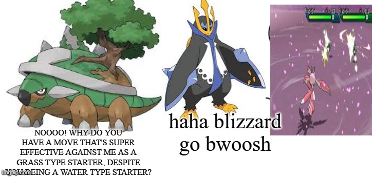 blizzard go bwoosh | NOOOO! WHY DO YOU HAVE A MOVE THAT'S SUPER EFFECTIVE AGAINST ME AS A GRASS TYPE STARTER, DESPITE YOU BEING A WATER TYPE STARTER? haha blizzard go bwoosh | image tagged in haha money printer go brrr | made w/ Imgflip meme maker