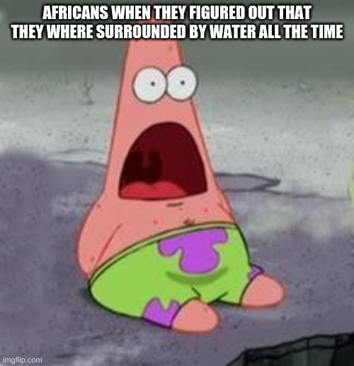 Suprised Patrick | AFRICANS WHEN THEY FIGURED OUT THAT THEY WHERE SURROUNDED BY WATER ALL THE TIME | image tagged in suprised patrick | made w/ Imgflip meme maker