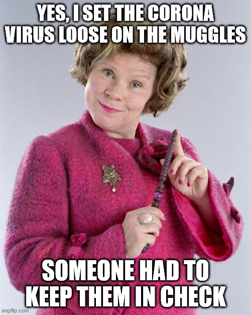 dolores umbridge | YES, I SET THE CORONA VIRUS LOOSE ON THE MUGGLES; SOMEONE HAD TO KEEP THEM IN CHECK | image tagged in dolores umbridge | made w/ Imgflip meme maker