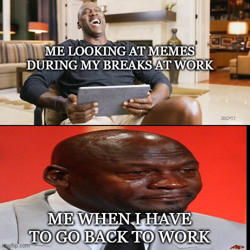 All work and no play makes me a dull boy | ME LOOKING AT MEMES DURING MY BREAKS AT WORK; ME WHEN I HAVE TO GO BACK TO WORK | image tagged in laughing jordan,the last dance,work | made w/ Imgflip meme maker