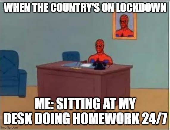 Spiderman Computer Desk Meme | WHEN THE COUNTRY'S ON LOCKDOWN; ME: SITTING AT MY DESK DOING HOMEWORK 24/7 | image tagged in memes,spiderman computer desk,spiderman | made w/ Imgflip meme maker