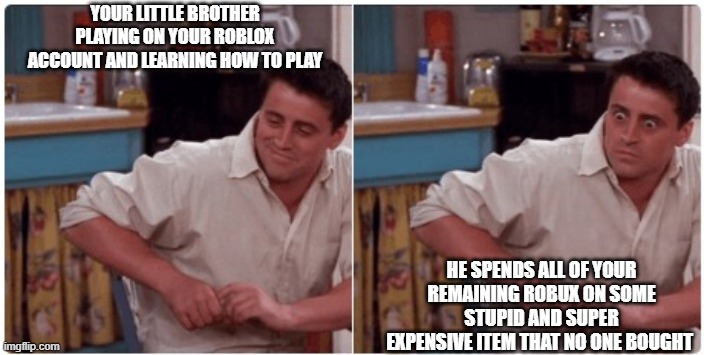 brothers | YOUR LITTLE BROTHER PLAYING ON YOUR ROBLOX ACCOUNT AND LEARNING HOW TO PLAY; HE SPENDS ALL OF YOUR REMAINING ROBUX ON SOME STUPID AND SUPER EXPENSIVE ITEM THAT NO ONE BOUGHT | image tagged in joey from friends | made w/ Imgflip meme maker
