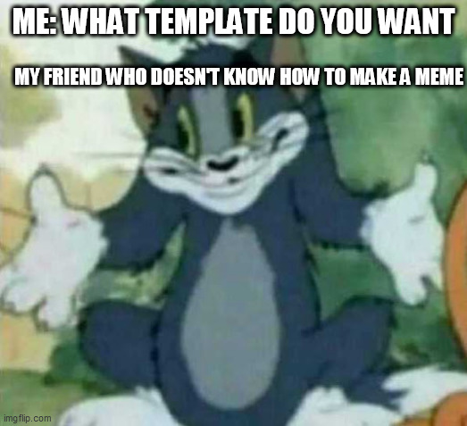 tom i dont know meme |  ME: WHAT TEMPLATE DO YOU WANT; MY FRIEND WHO DOESN'T KNOW HOW TO MAKE A MEME | image tagged in tom i dont know meme | made w/ Imgflip meme maker