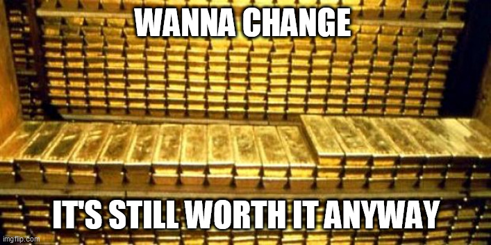 gold bars | WANNA CHANGE IT'S STILL WORTH IT ANYWAY | image tagged in gold bars | made w/ Imgflip meme maker