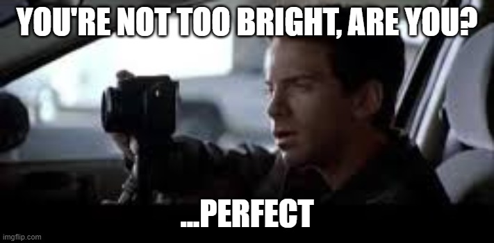 You're not too bright are you? | YOU'RE NOT TOO BRIGHT, ARE YOU? ...PERFECT | image tagged in movie quotes | made w/ Imgflip meme maker