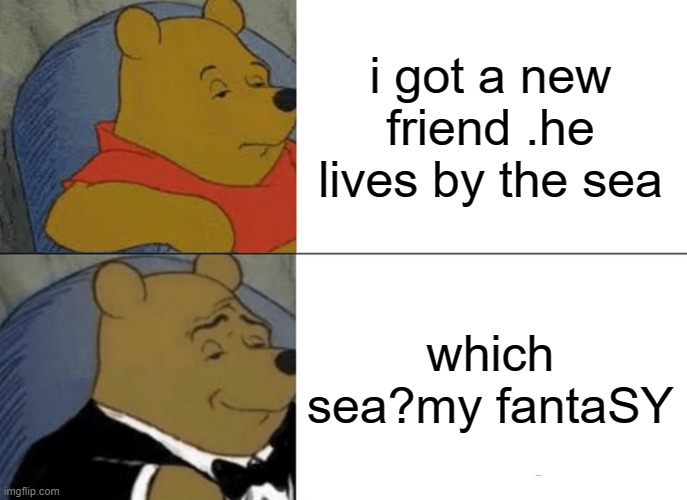 i need to get a life | i got a new friend .he lives by the sea; which sea?my fantaSY | image tagged in memes,tuxedo winnie the pooh | made w/ Imgflip meme maker