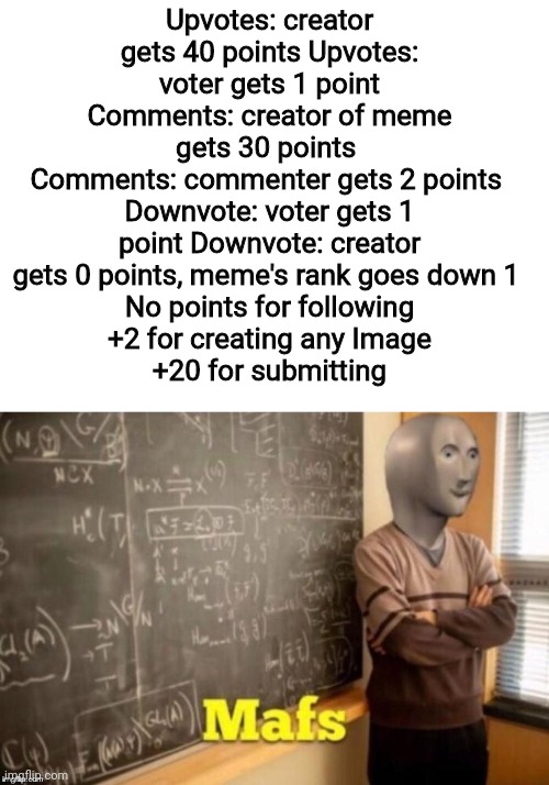 [UPDATED2] Imgflip points | Upvotes: creator gets 40 points Upvotes: voter gets 1 point Comments: creator of meme gets 30 points 
Comments: commenter gets 2 points 
Downvote: voter gets 1 point Downvote: creator gets 0 points, meme's rank goes down 1 
No points for following
+2 for creating any Image
+20 for submitting | image tagged in blank white template,mafs | made w/ Imgflip meme maker