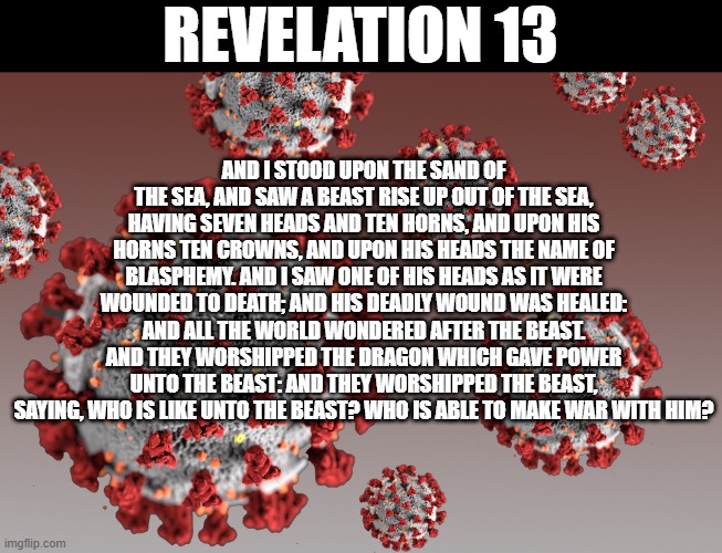 REVELATION 13; AND I STOOD UPON THE SAND OF THE SEA, AND SAW A BEAST RISE UP OUT OF THE SEA, HAVING SEVEN HEADS AND TEN HORNS, AND UPON HIS HORNS TEN CROWNS, AND UPON HIS HEADS THE NAME OF BLASPHEMY. AND I SAW ONE OF HIS HEADS AS IT WERE WOUNDED TO DEATH; AND HIS DEADLY WOUND WAS HEALED: AND ALL THE WORLD WONDERED AFTER THE BEAST. AND THEY WORSHIPPED THE DRAGON WHICH GAVE POWER UNTO THE BEAST: AND THEY WORSHIPPED THE BEAST, SAYING, WHO IS LIKE UNTO THE BEAST? WHO IS ABLE TO MAKE WAR WITH HIM? | made w/ Imgflip meme maker