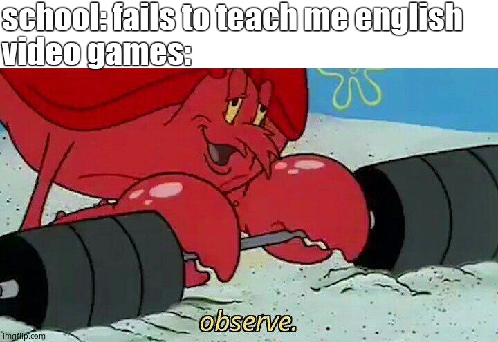 Observe | school: fails to teach me english; video games: | image tagged in observe,school,language,video games | made w/ Imgflip meme maker