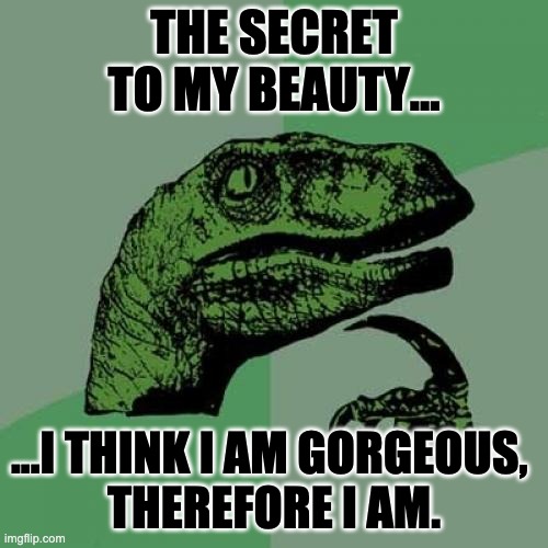 Beauty Secret | THE SECRET TO MY BEAUTY... ...I THINK I AM GORGEOUS, 
THEREFORE I AM. | image tagged in memes,philosoraptor | made w/ Imgflip meme maker